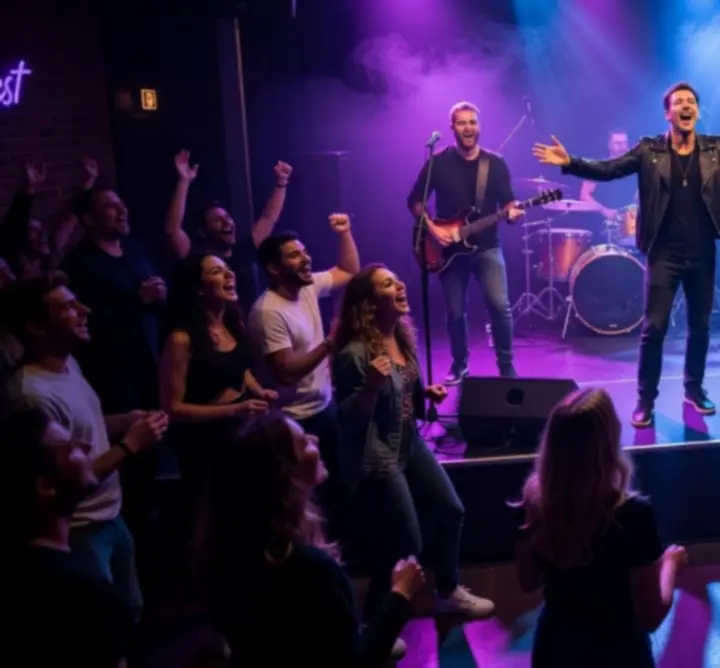 Élő koncert színpad Budapesten, fényekkel és lelkes közönséggel