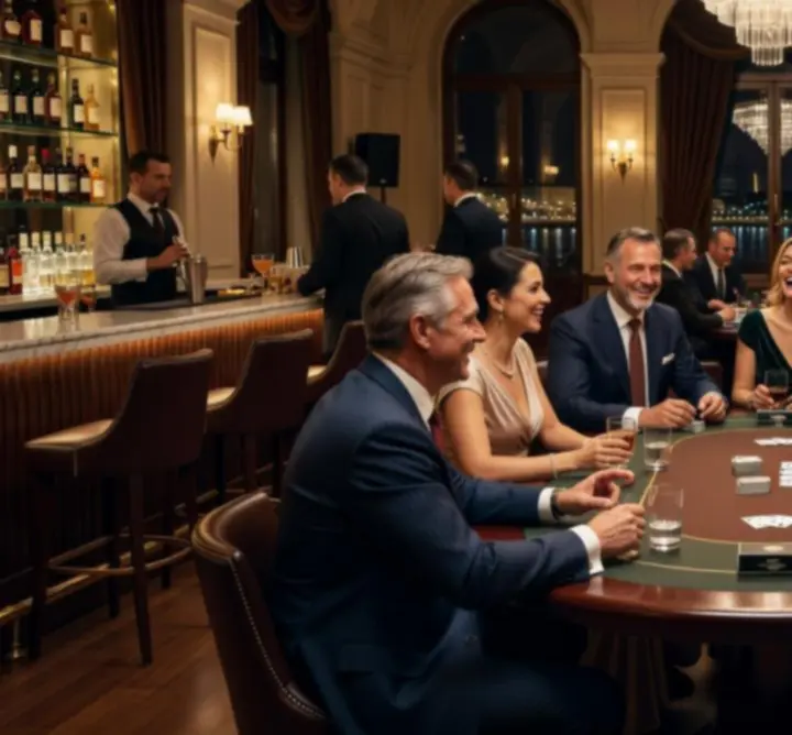 Póker est közösségi hangulatban, beszélgető vendégekkel és nightlife atmoszférával